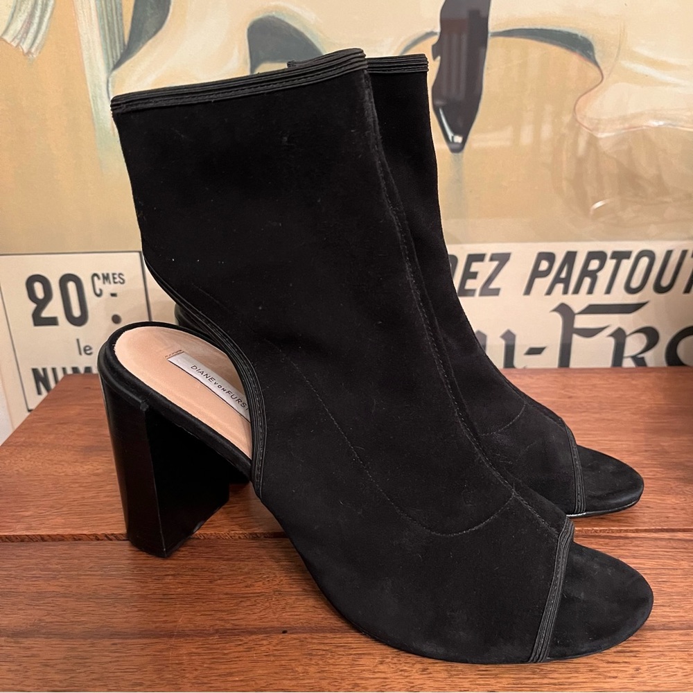 Diane von Furstenberg Black Suede Panina Open Toe Booties